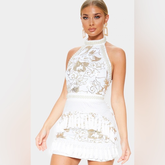 CHARLYIA WHITE/GOLD HALTERNECK SEQUIN, PEARL, AND TASSEL BODYCON DRESS: size 8 - Picture 2 of 7